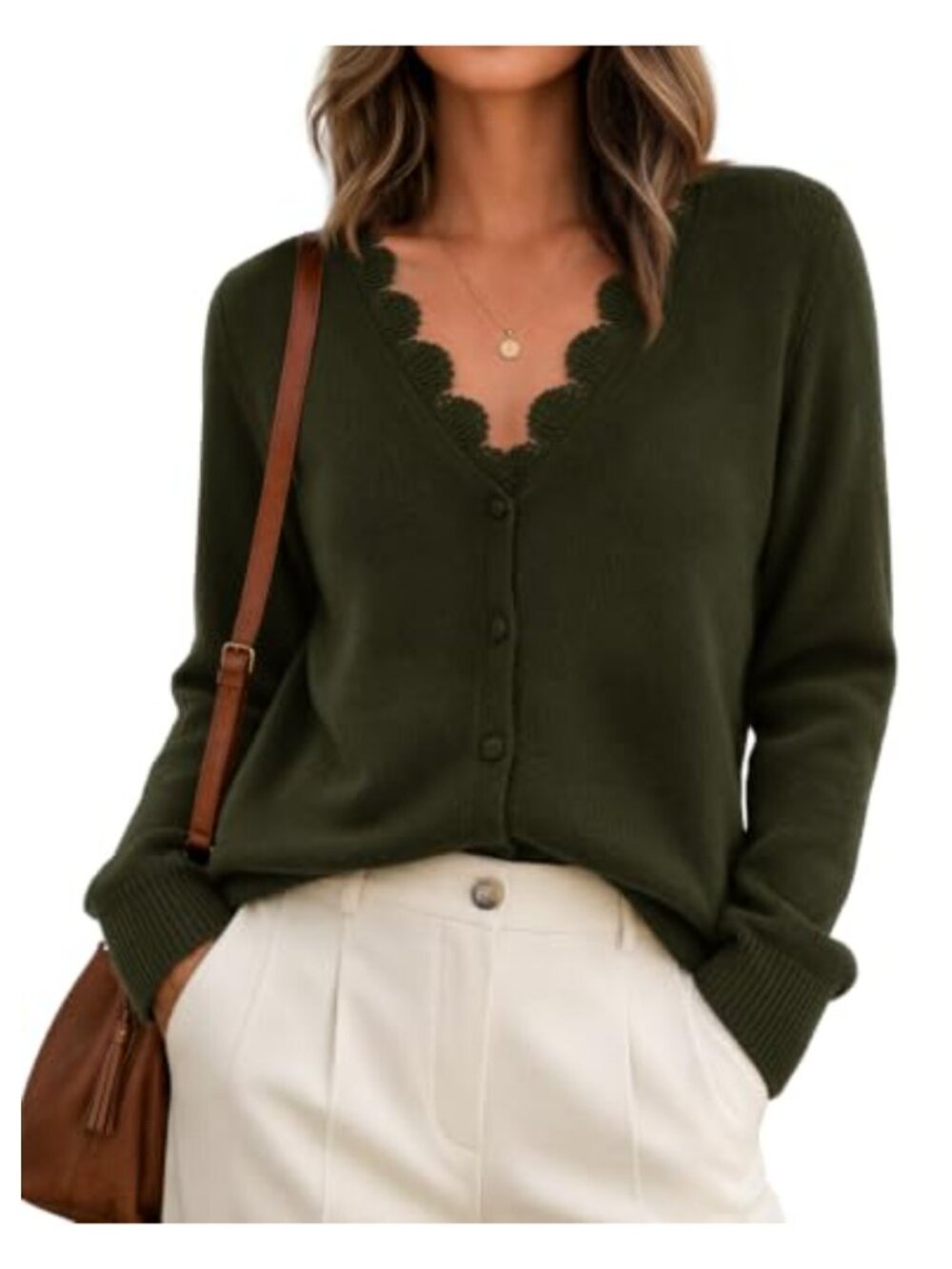 Lace V-Neck Cardigan - Soft Knit Long Sleeve Women's Lightweight Sweater